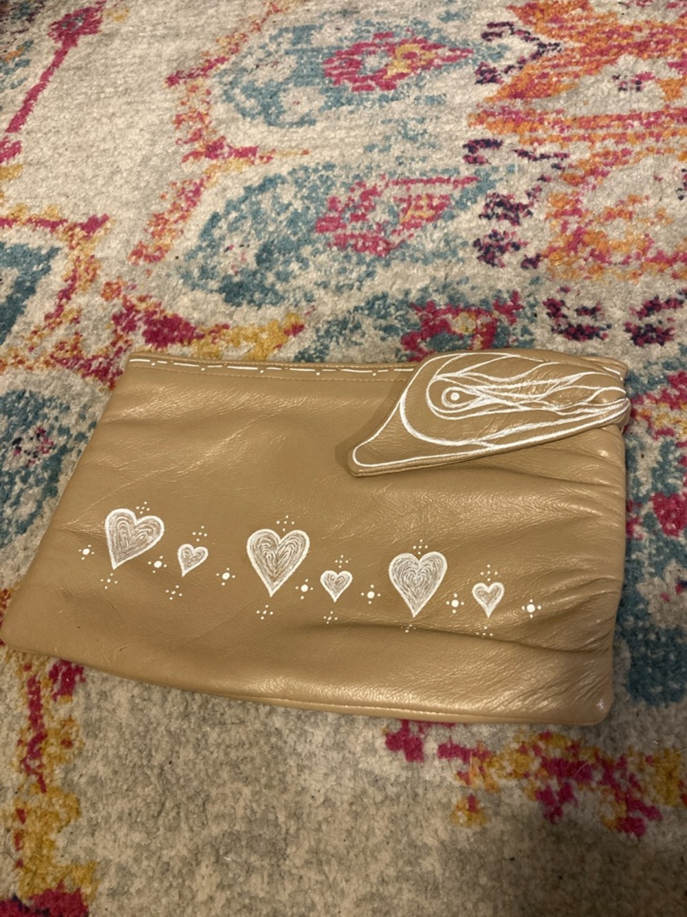 Large Andé Tan Leather Clutch w/ Hand Drawn Design